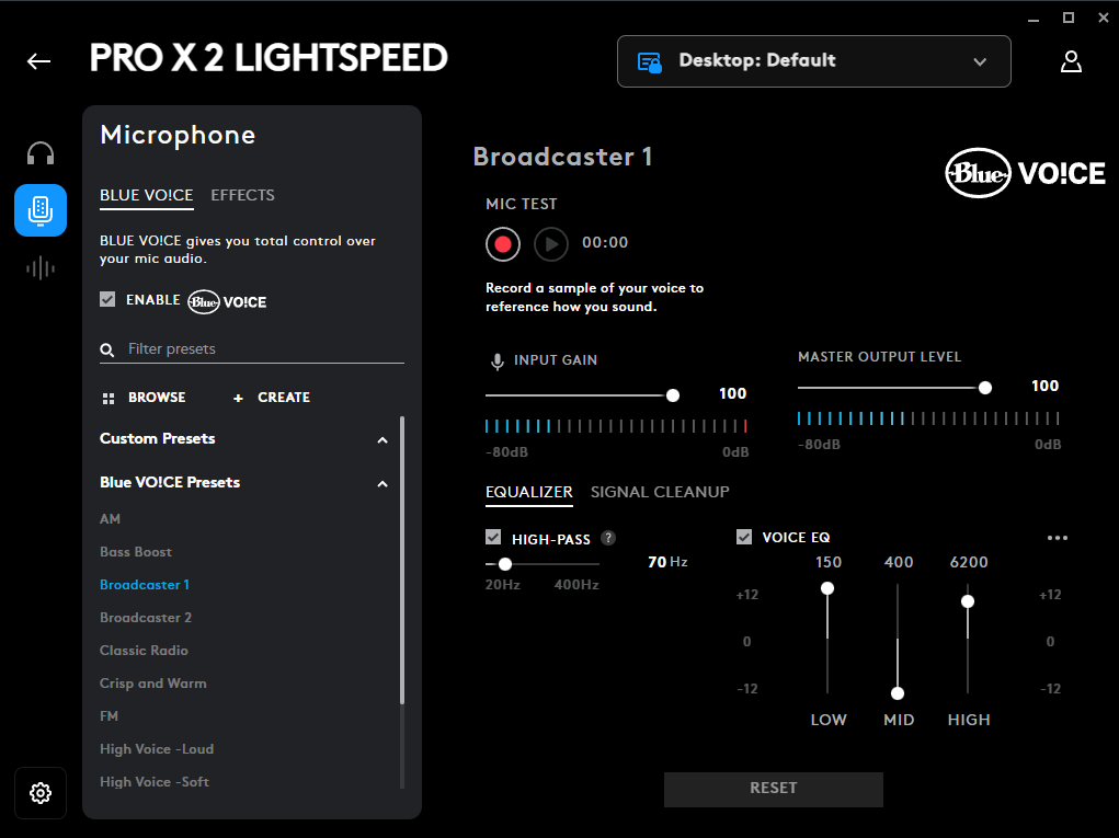 Screenshot of a Logitech G PRO X 2 G HUB showing microphone settings