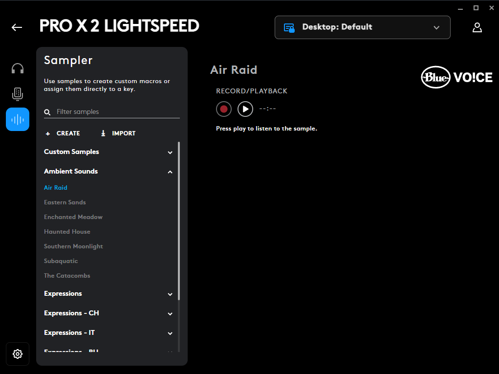 Screenshot of a Logitech G PRO X 2 G HUB showing sampler settings