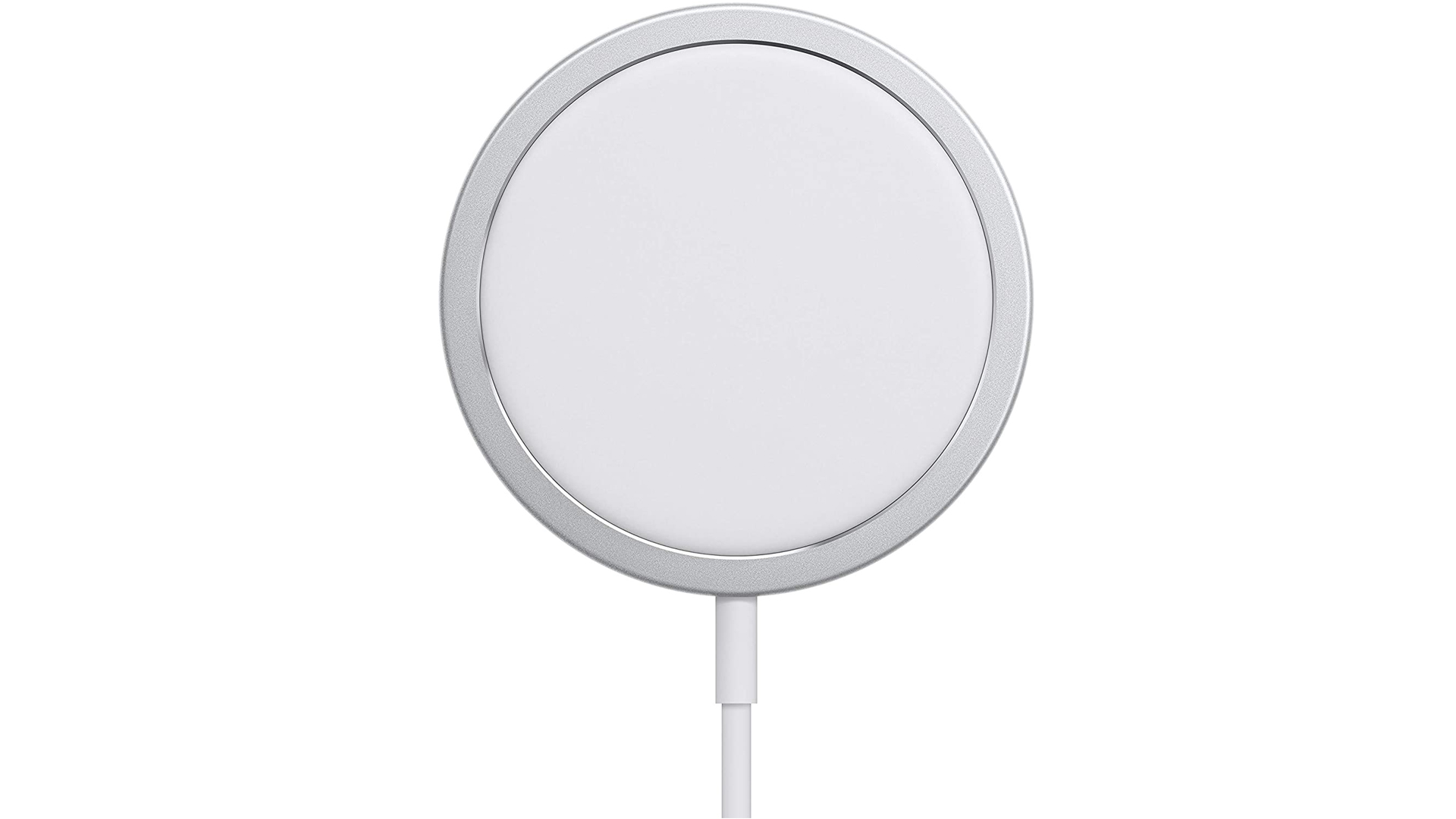 Apple's MagSafe charging pad shown on a field of white.