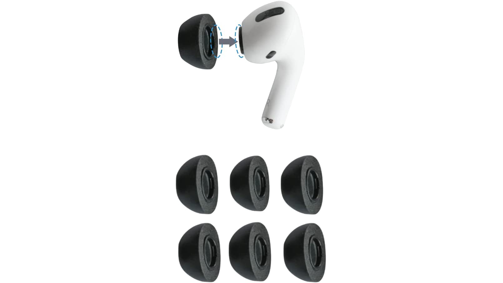 A manufacturer photo of the Comply memory foam tips for AirPods Pro.