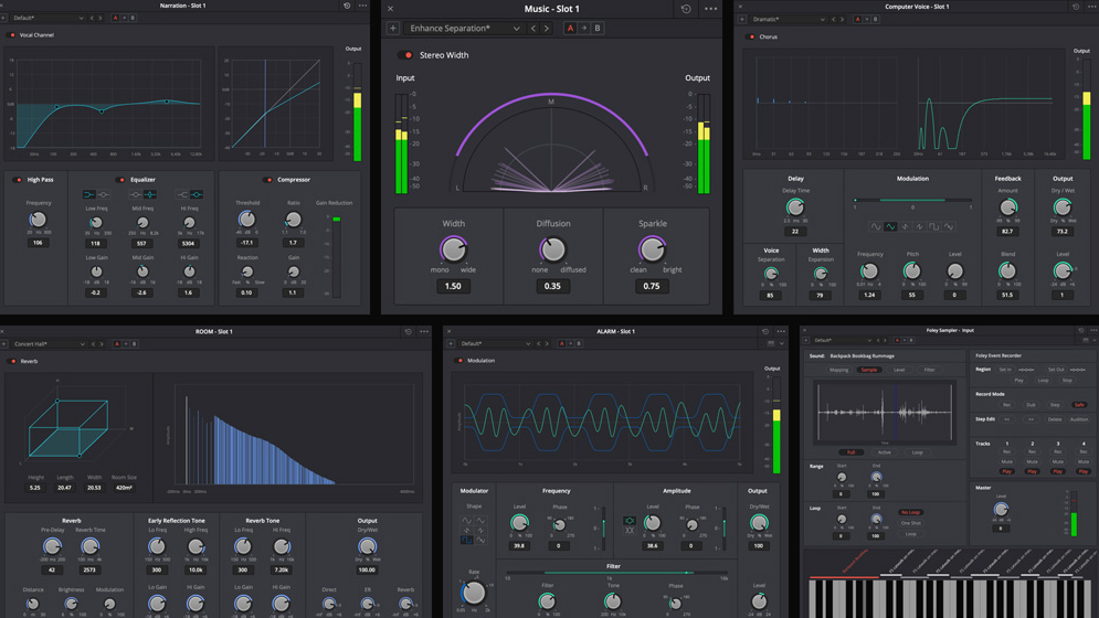 A screenshot shows various plugins in DaVinci Resolve 18 Fairlight.