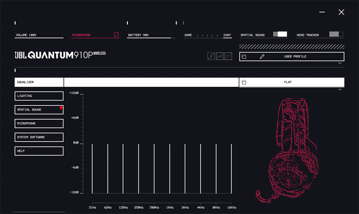 The JBL QuantumENGINE software showing several panels of options as well as a model of the JBL Quantum 910P headset.