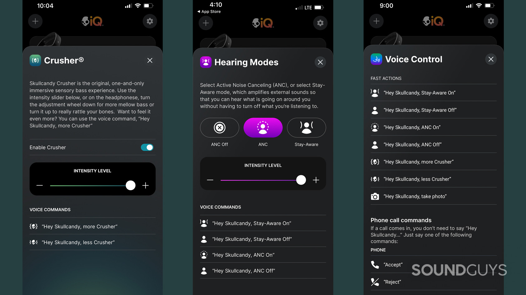 Three screenshots of the Skullcandy IQ app for the Skullcandy Crusher ANC 2, including Crusher mode, Hearing modes, and voice control.