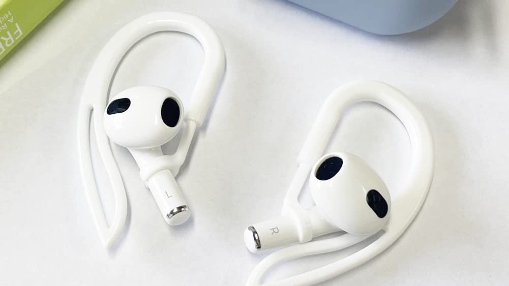 A manufacturer photo of the YINVA ear hooks, fit onto Apple AirPods (3rd Gen.)