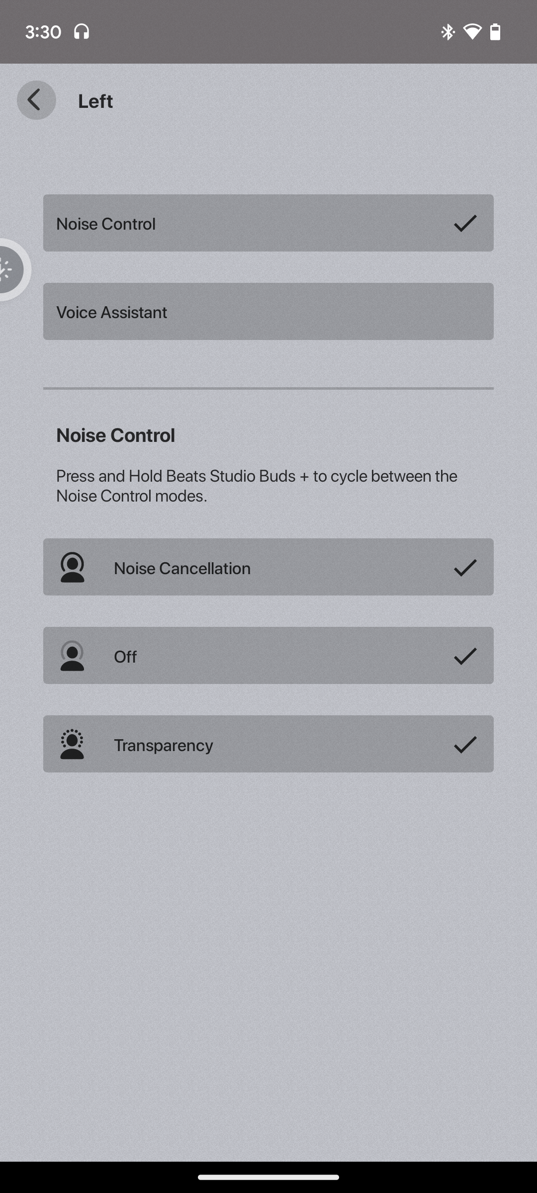 The Beats app on Android noise control options.