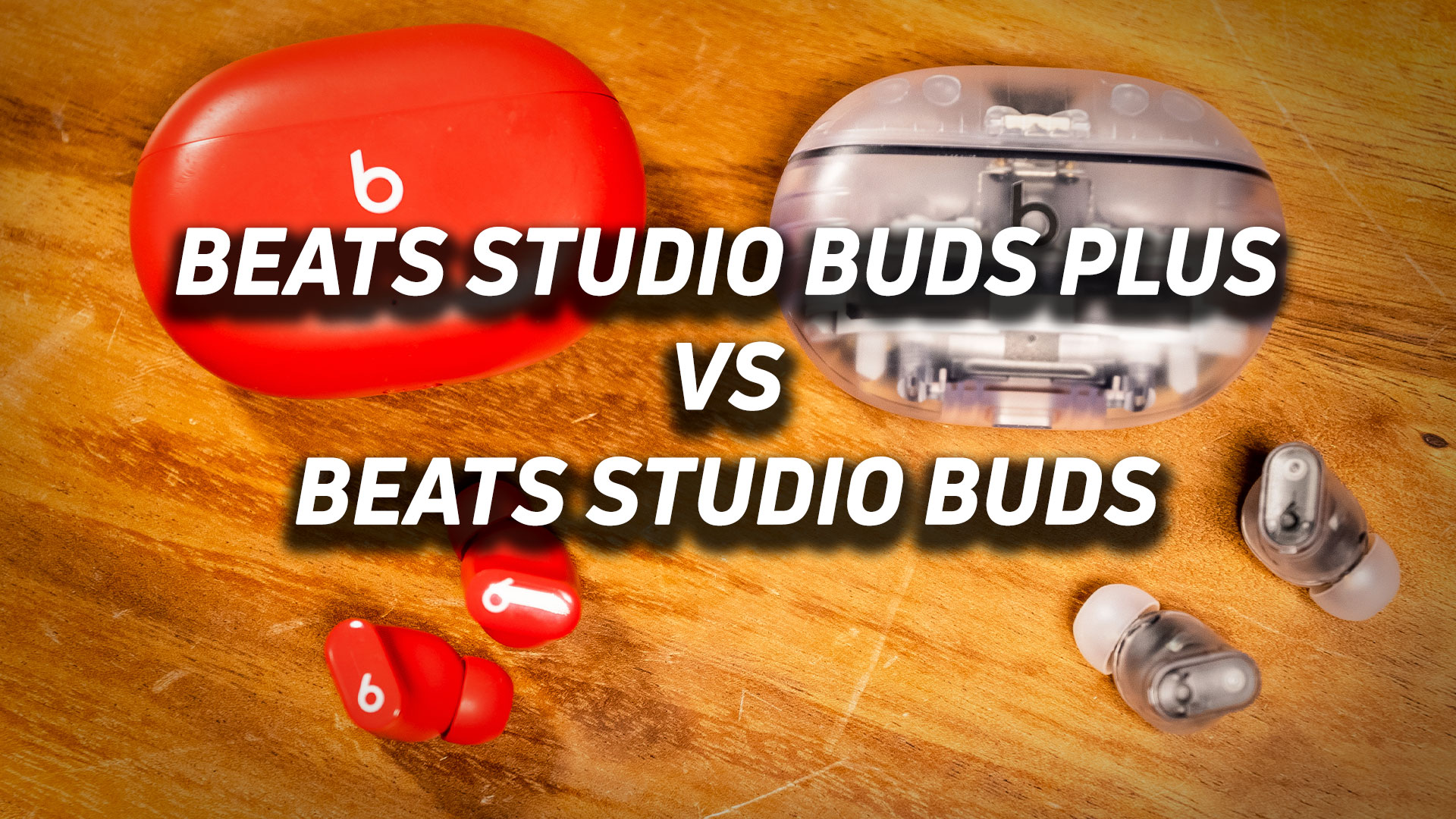 The Studio Buds vs Studio Buds Plus with versus text overlaid.