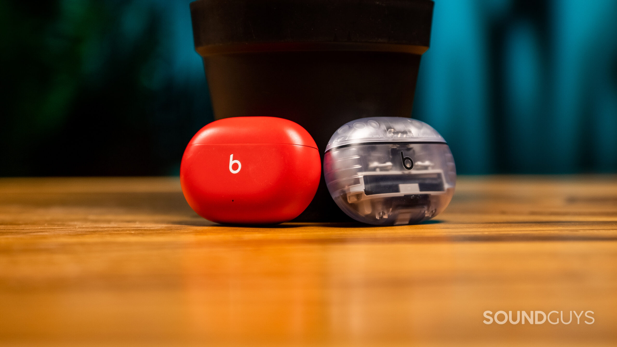 The Beats Studio Buds and Studio Buds Plus cases lean against a plant pot.