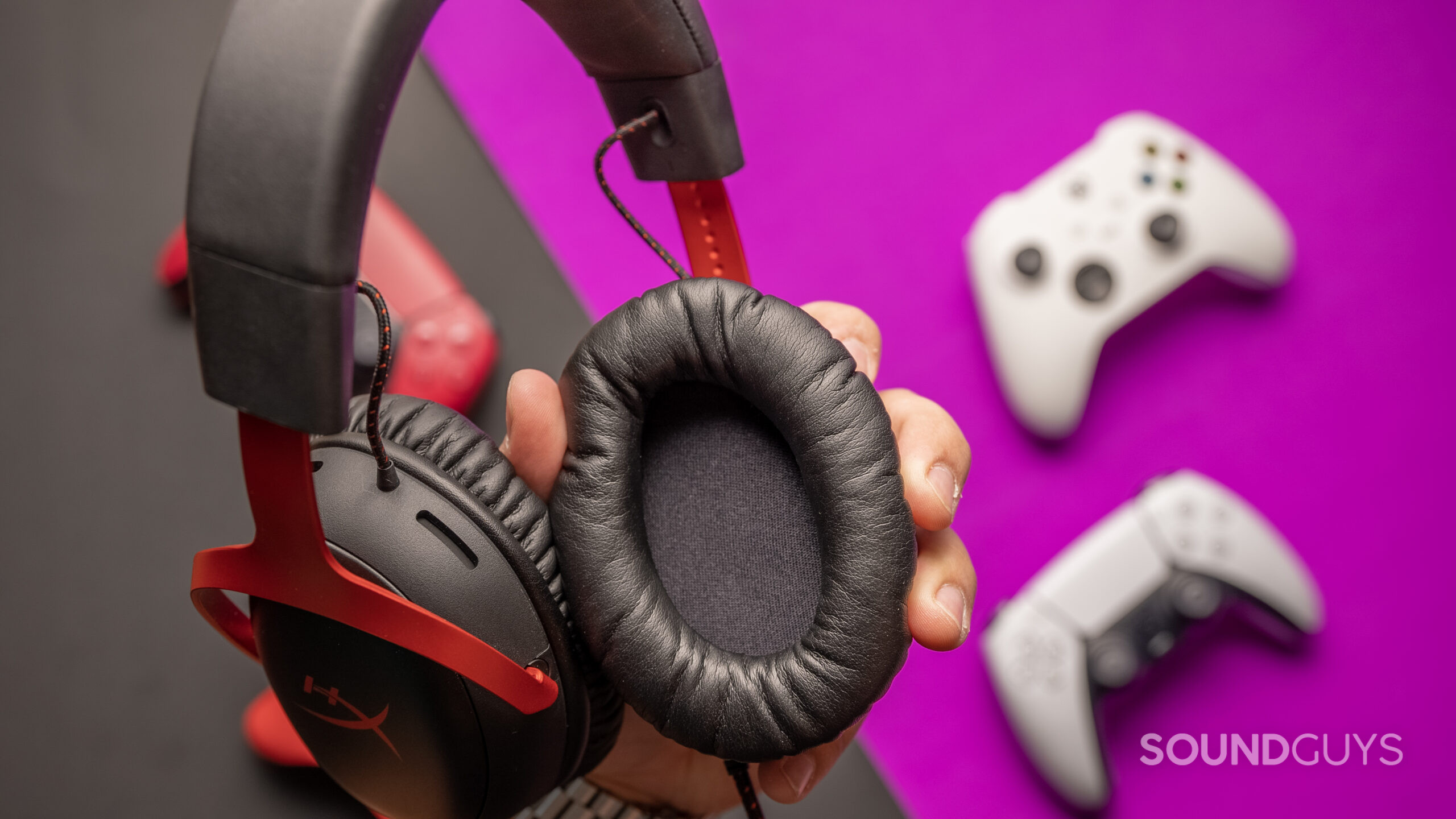 The pleather ear cup padding of the HyperX Cloud III.