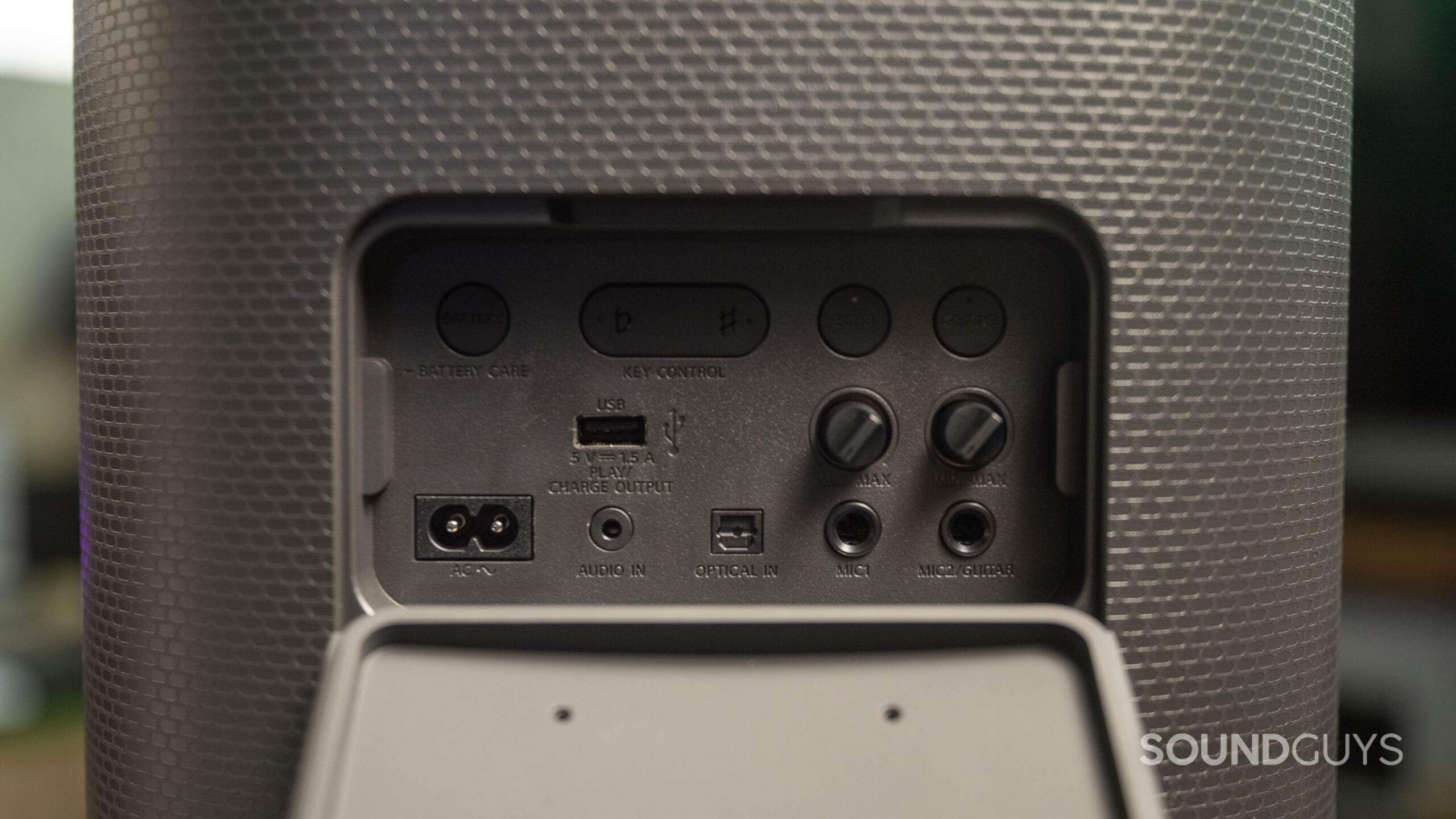 Closeup of the rear panel on the Sony SRS-XV800, showing the inputs.