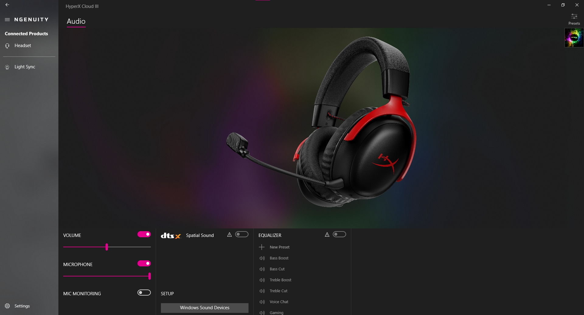The HyperX Ngenuity software showing the Corsair Cloud III headset and some additional features like EQ.