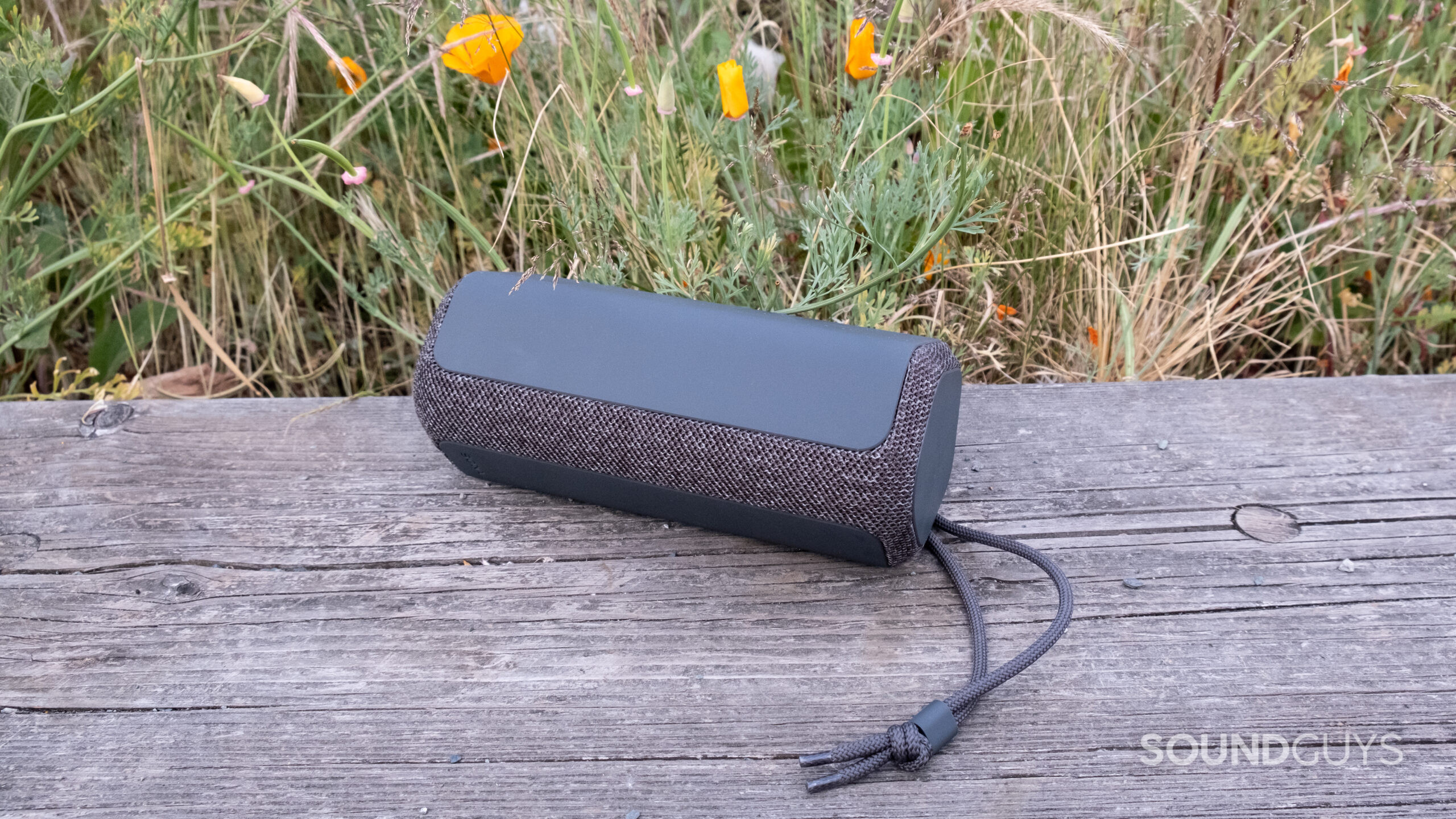 The Sony SRS-XE200 rests on its side on a wood surface with plants in the background.