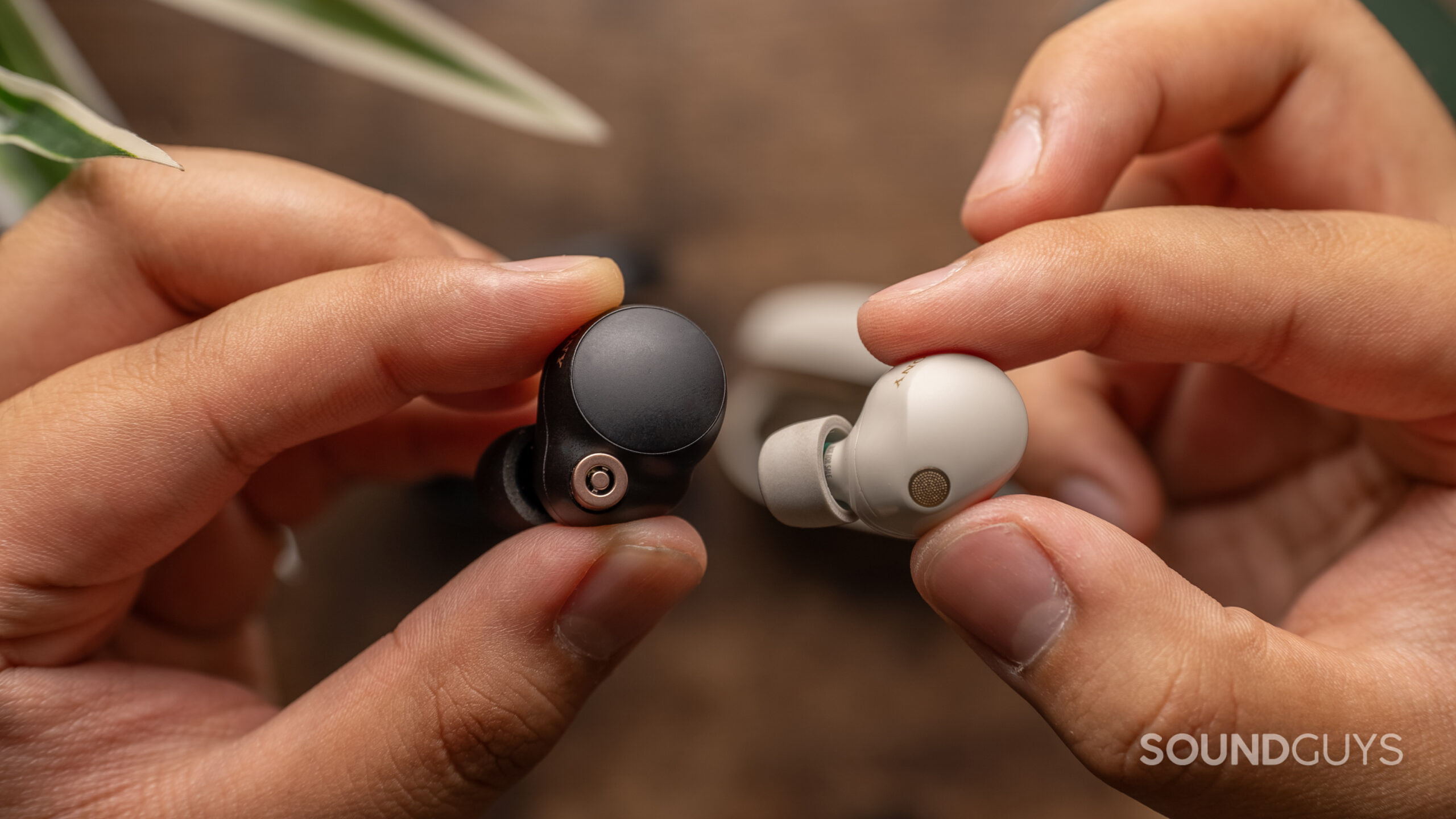 A hand holds a single Sony WF-1000XM4 earbud next to a single earbud of the Sony WF-1000XM5