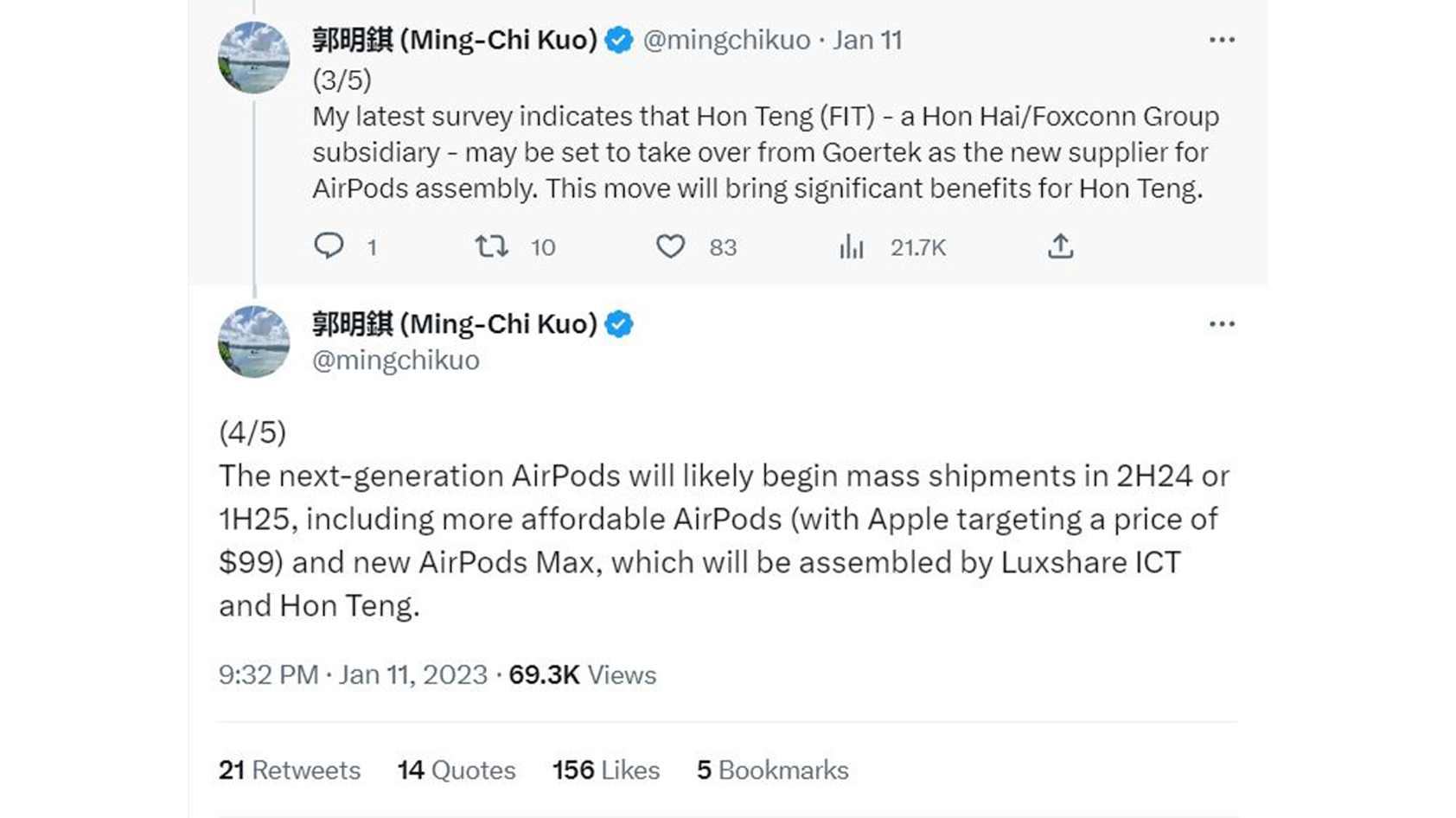 Ming-Chi Kuo's tweets regarding the AirPods Max 2 and more affordable AirPods.