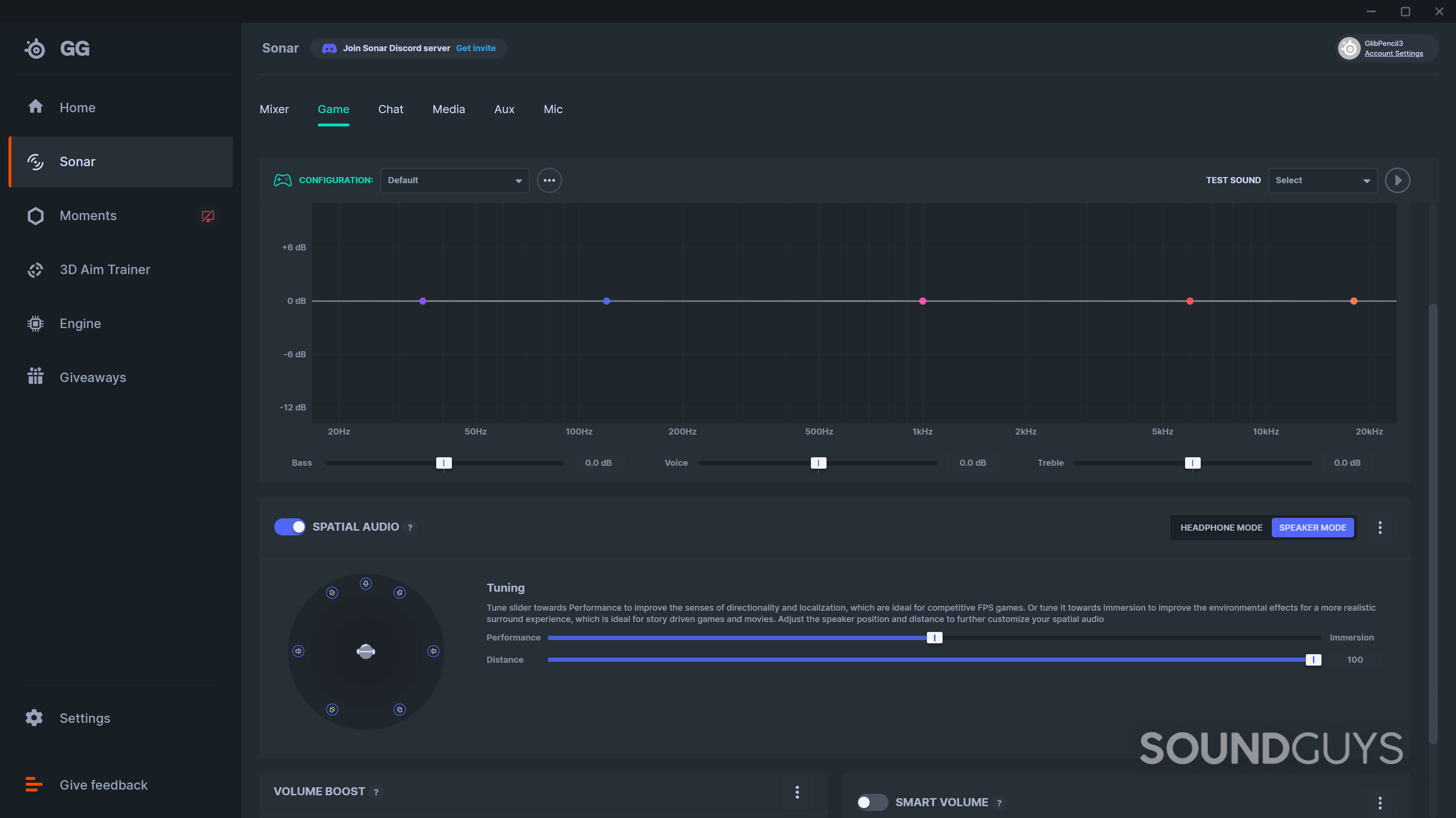 A screenshot of the SteelSeries Sonar software showing the EQ and the spatial audio settings panels.