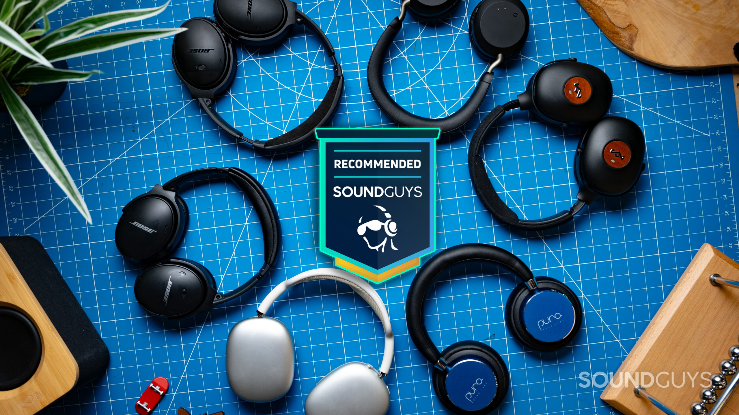 Six of the best headphones surrounding the SoundGuys recommended badge.