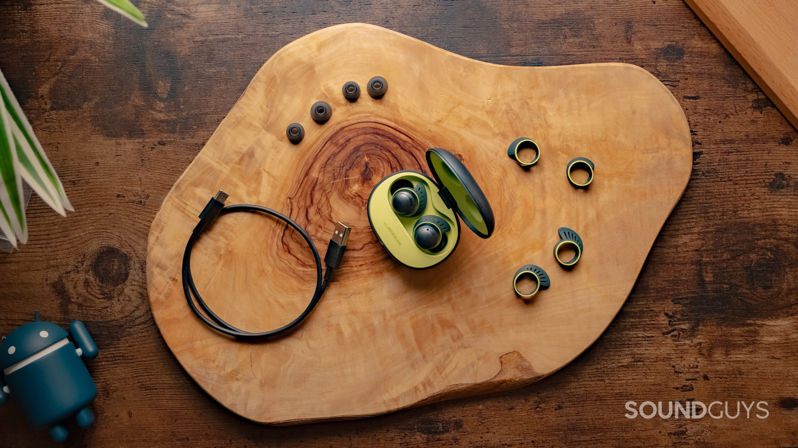 A bird's eye perspective showing the LG TONE Free fit TF7 and the USB-C cable, ear tips, and wings all on a wood surface.