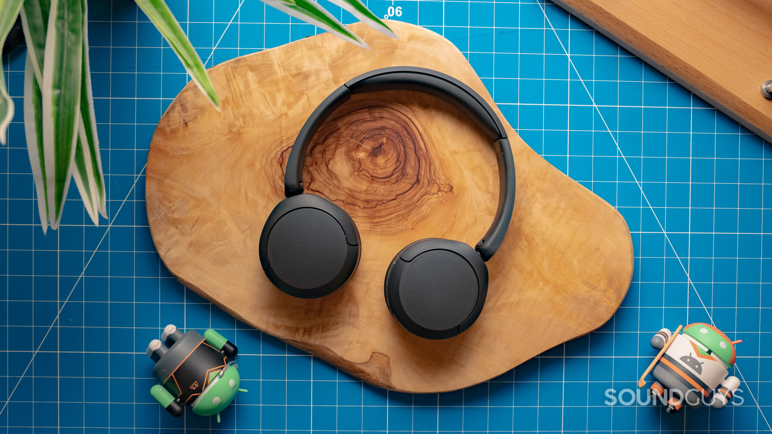 The Sony WH-CH520 sits atop a wood slab.