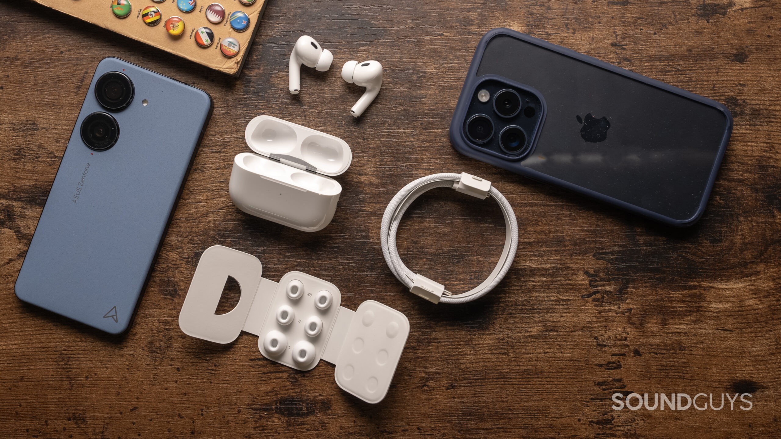 The Apple AirPods Pro (2nd Generation) comes with ear tips, a USB cable, and a charging case.