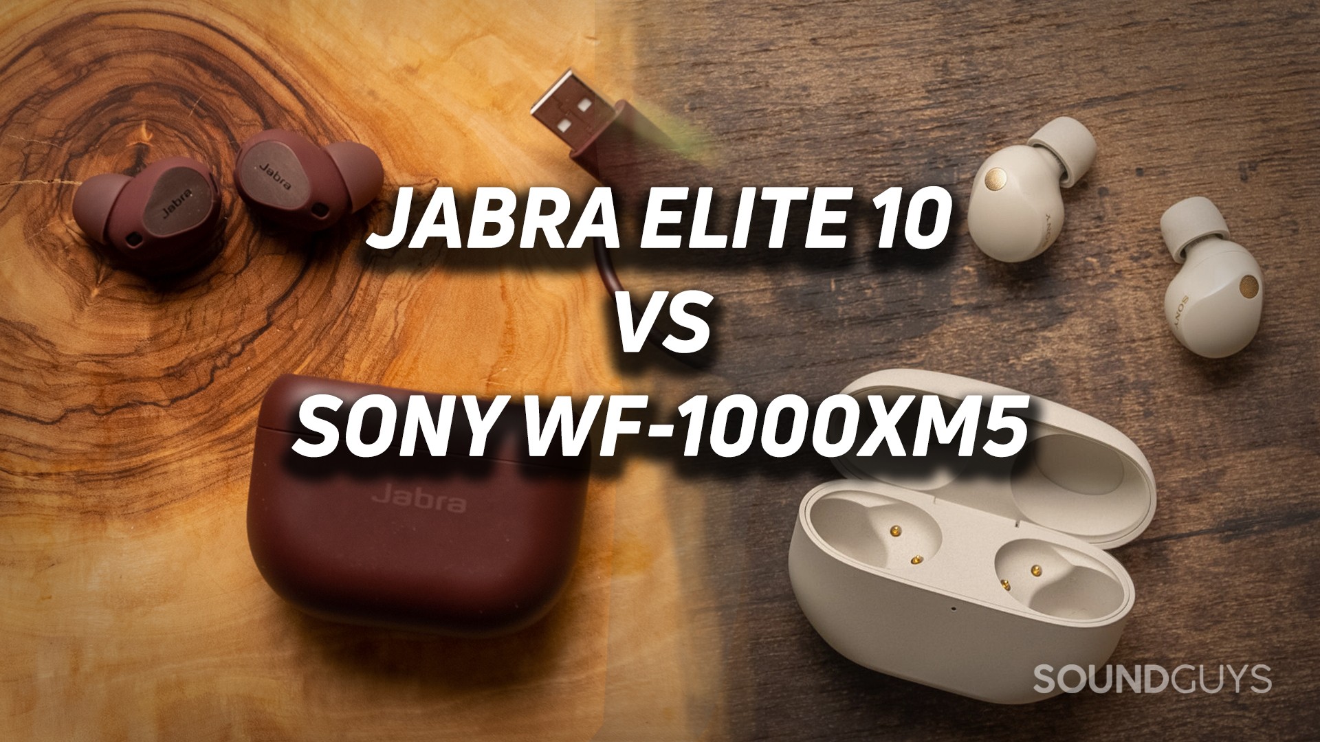 Two images are overlaid of the Jabra Elite 10 and Sony WF-1000XM5 with text.