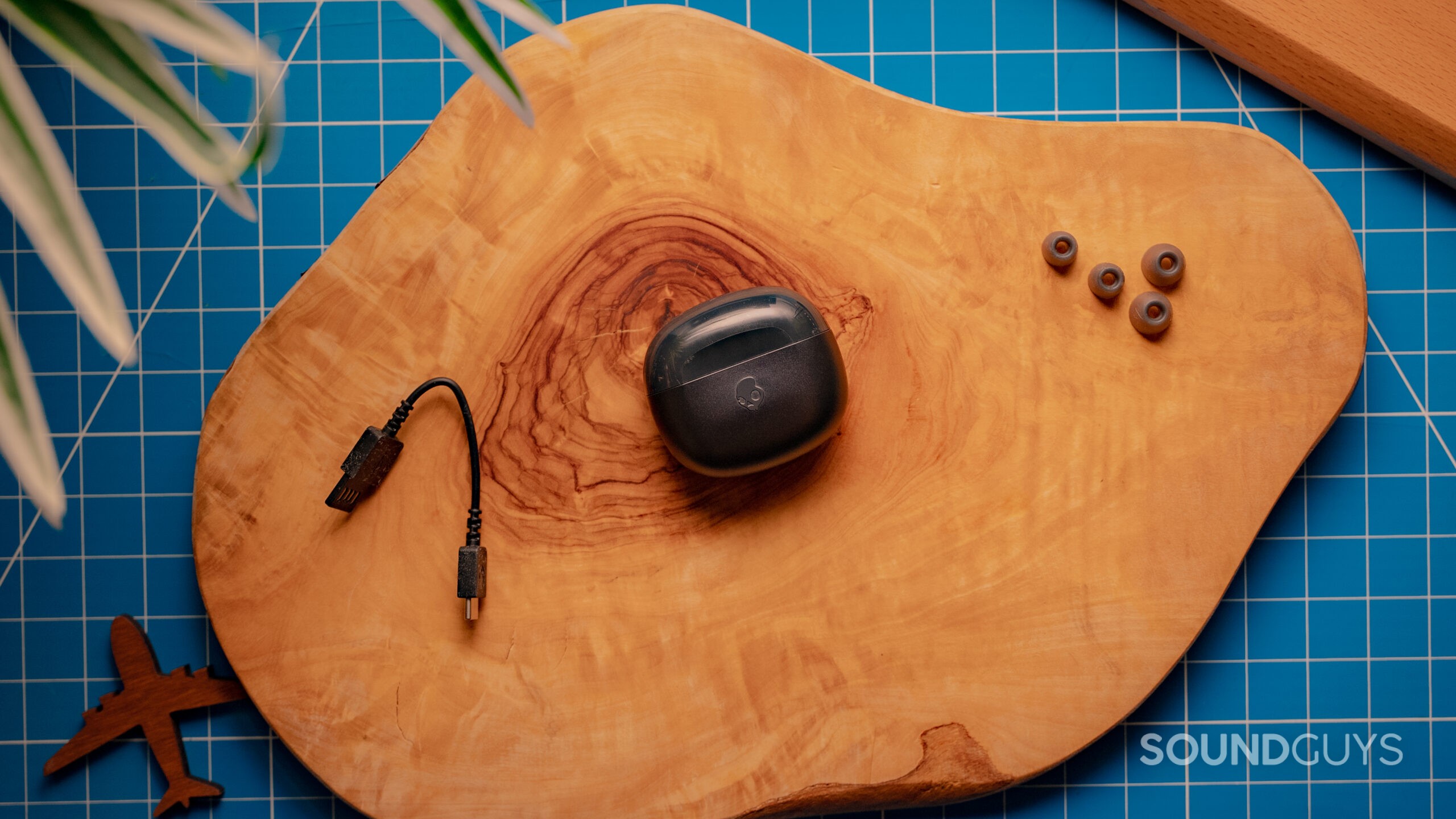 On a wood surface the closed case of the Skullcandy Rail ANC rests on its side with the charging cable and ear tips.