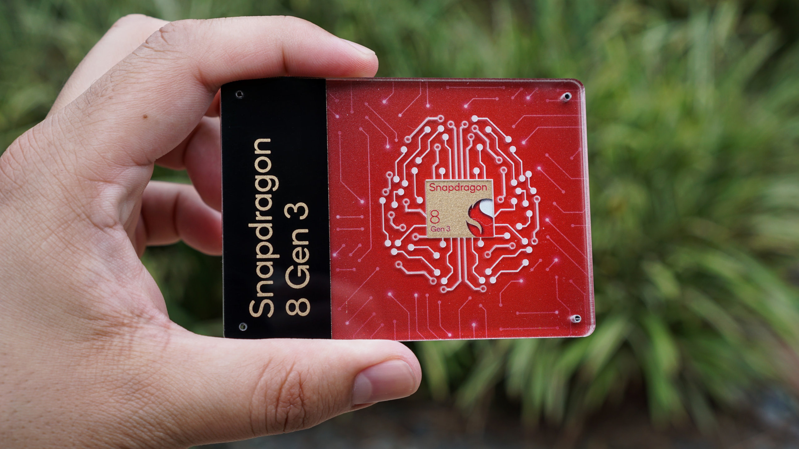 A photo of the Qualcomm Snapdragon 8 Gen 3 chip.