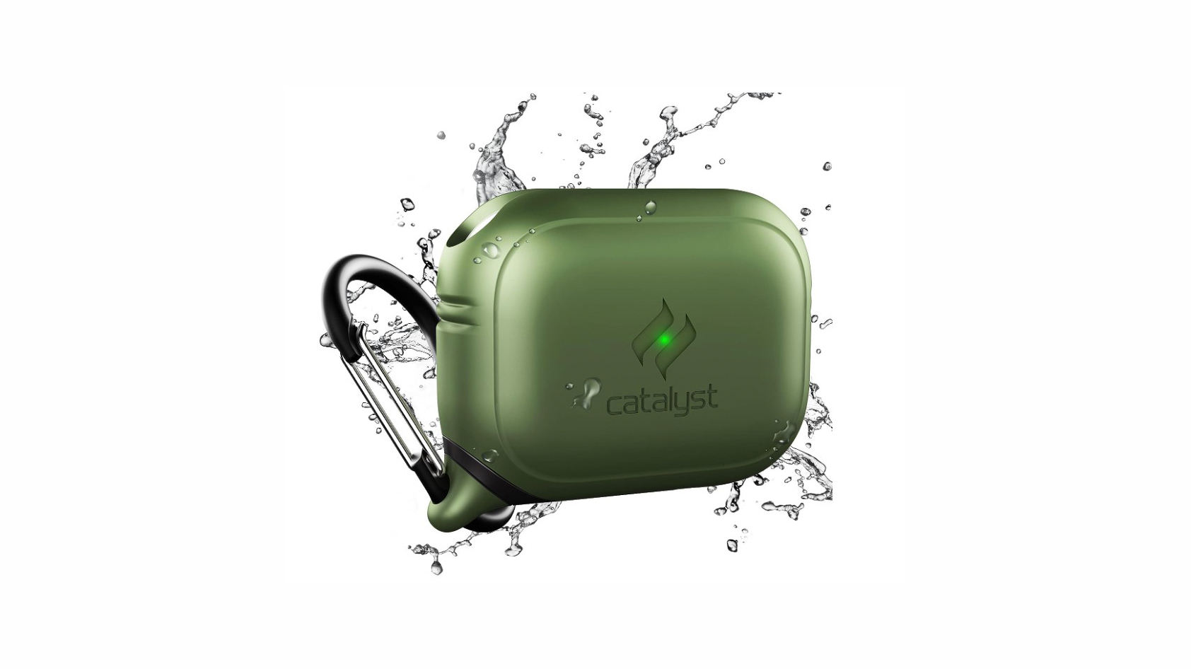 The green Catalyst AirPods Pro case shown on a white background with water splashing off of it.