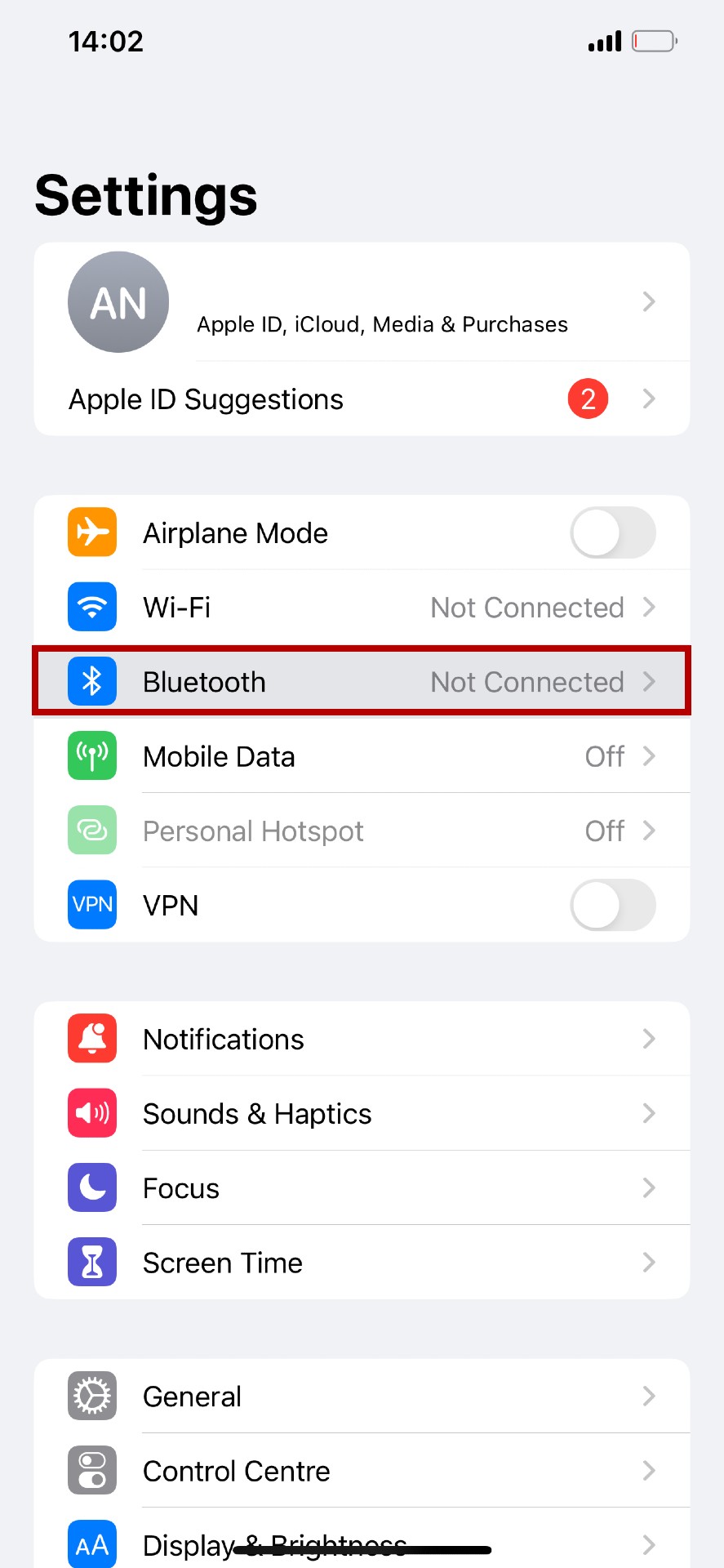 iPhone settings with Bluetooth highlighted