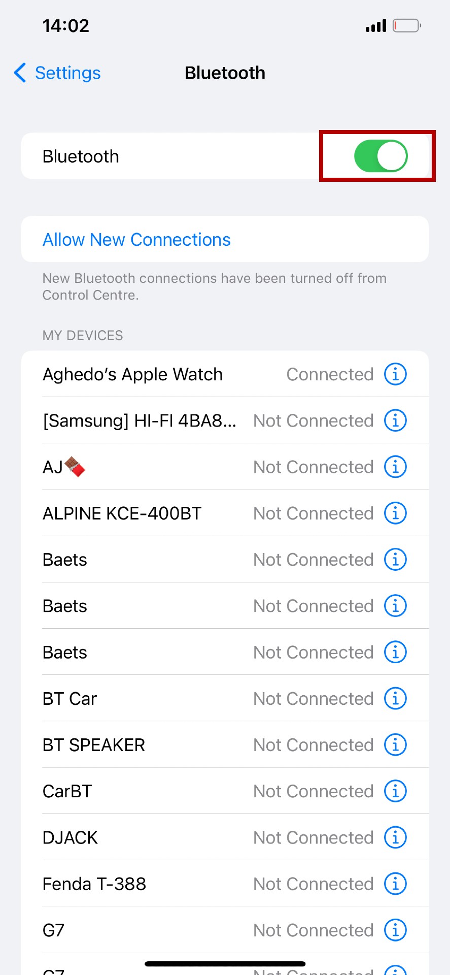 iPhone Bluetooth settings with the toggle button highlighted