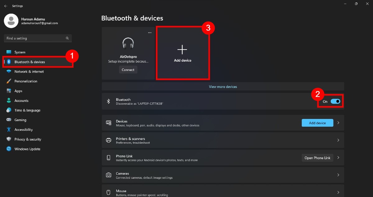 Windows Bluetooth & devices settings