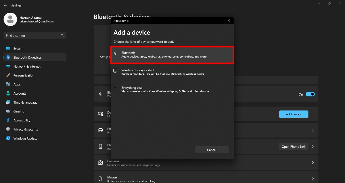 Bluetooth Add a device page