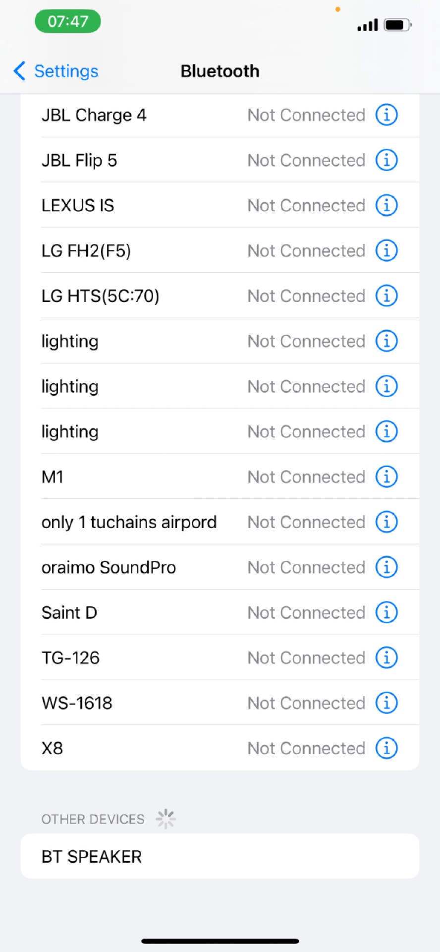 Bluetooth settings page on iOS