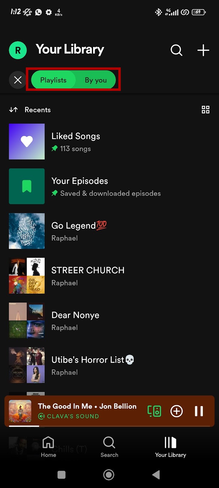 Spotify mobile app Library page