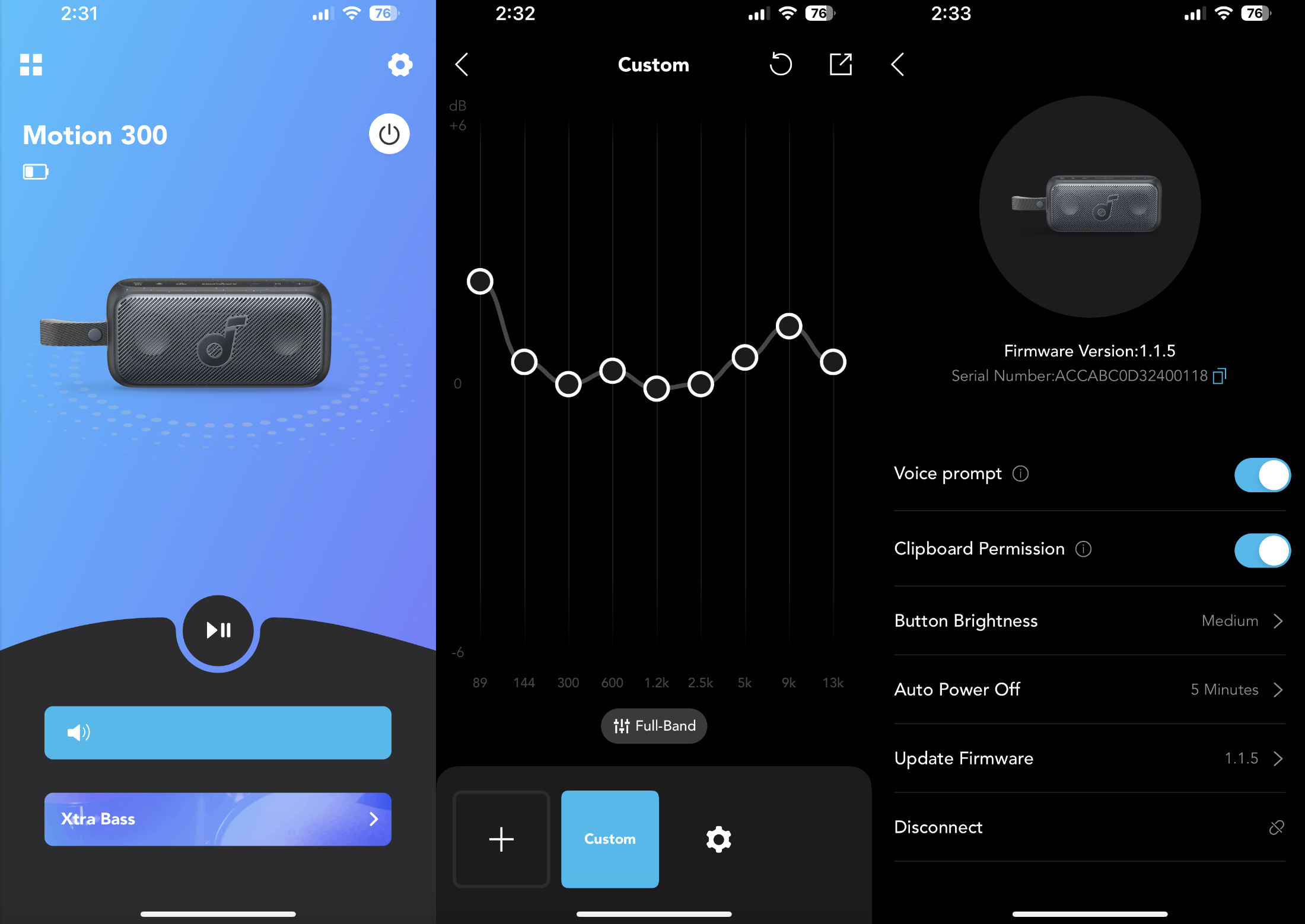 Screen captures of the various functions in the Soundcore app.
