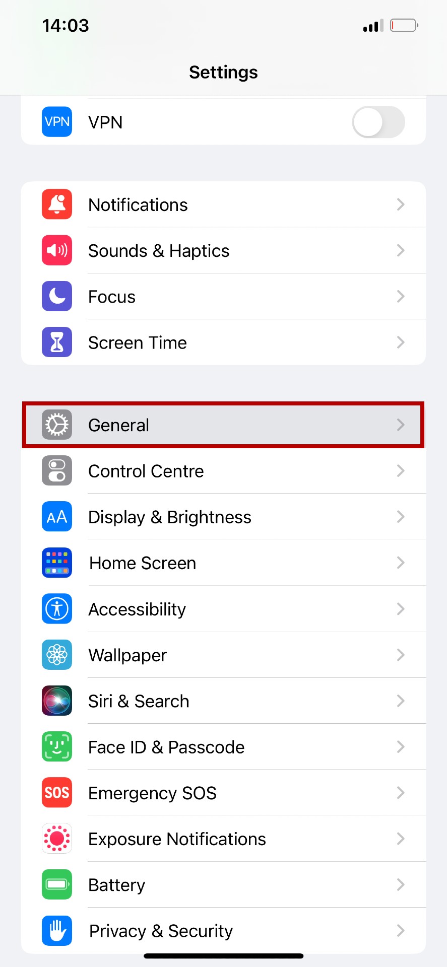 The iOS Settings page