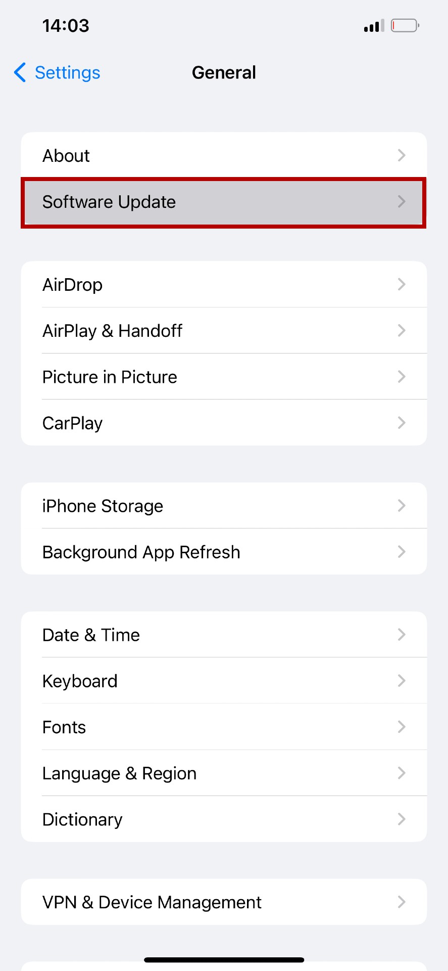 The iOS General settings page
