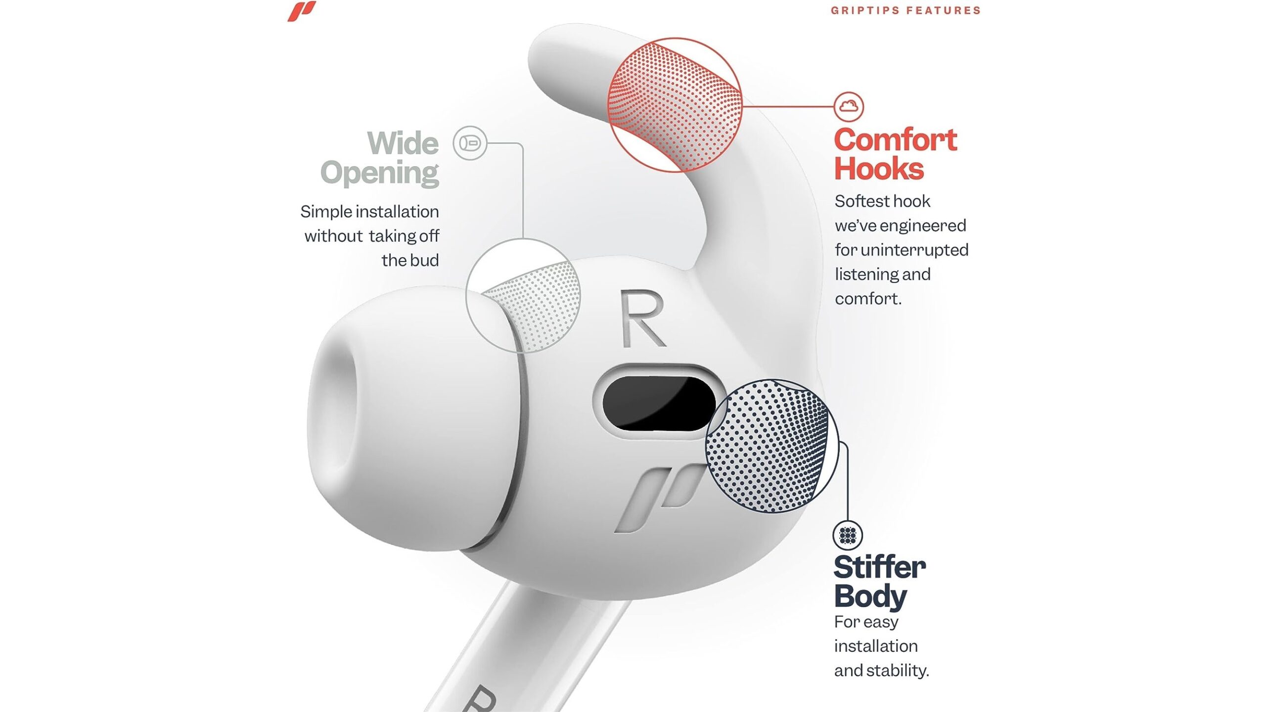 a stock photo of the proof labs ear hooks for airpods pro with descriptions of their features.