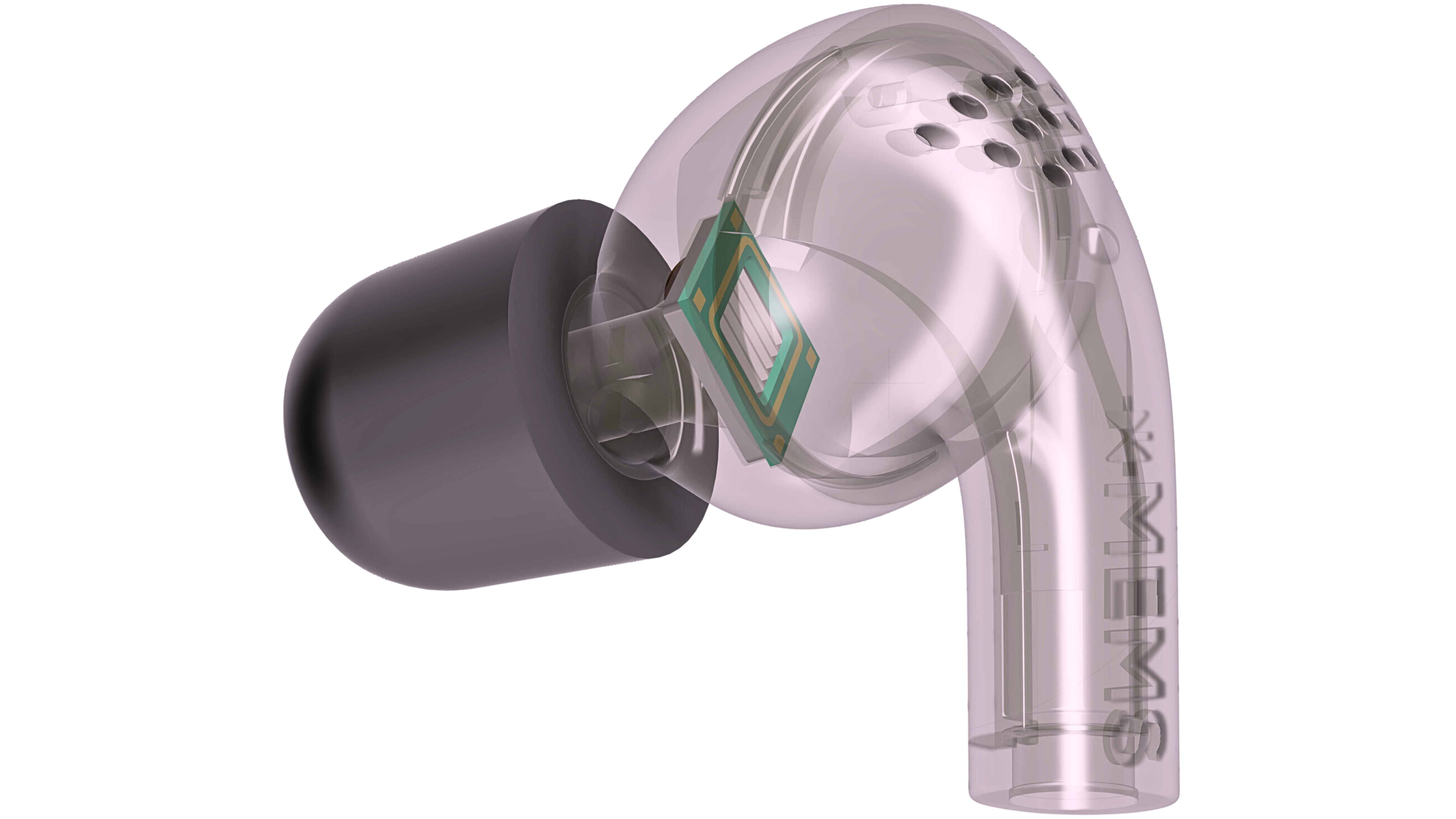 xMEMS_Cypress_v3_earbud_transparent_20231023 A manufacturer render of the xMEMS Cypress inside a fictional earbud.
