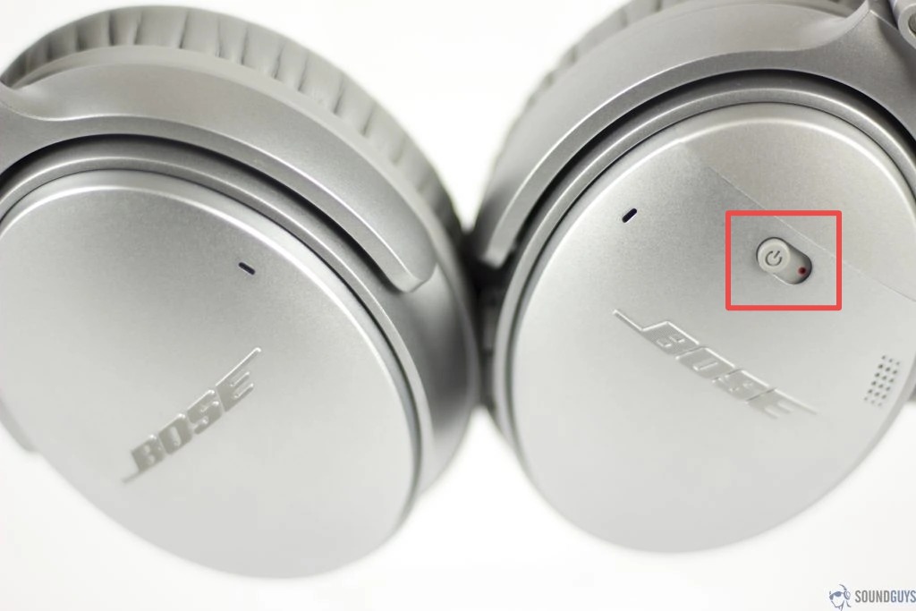 Bose QuietComfort 35 with Power button annotated