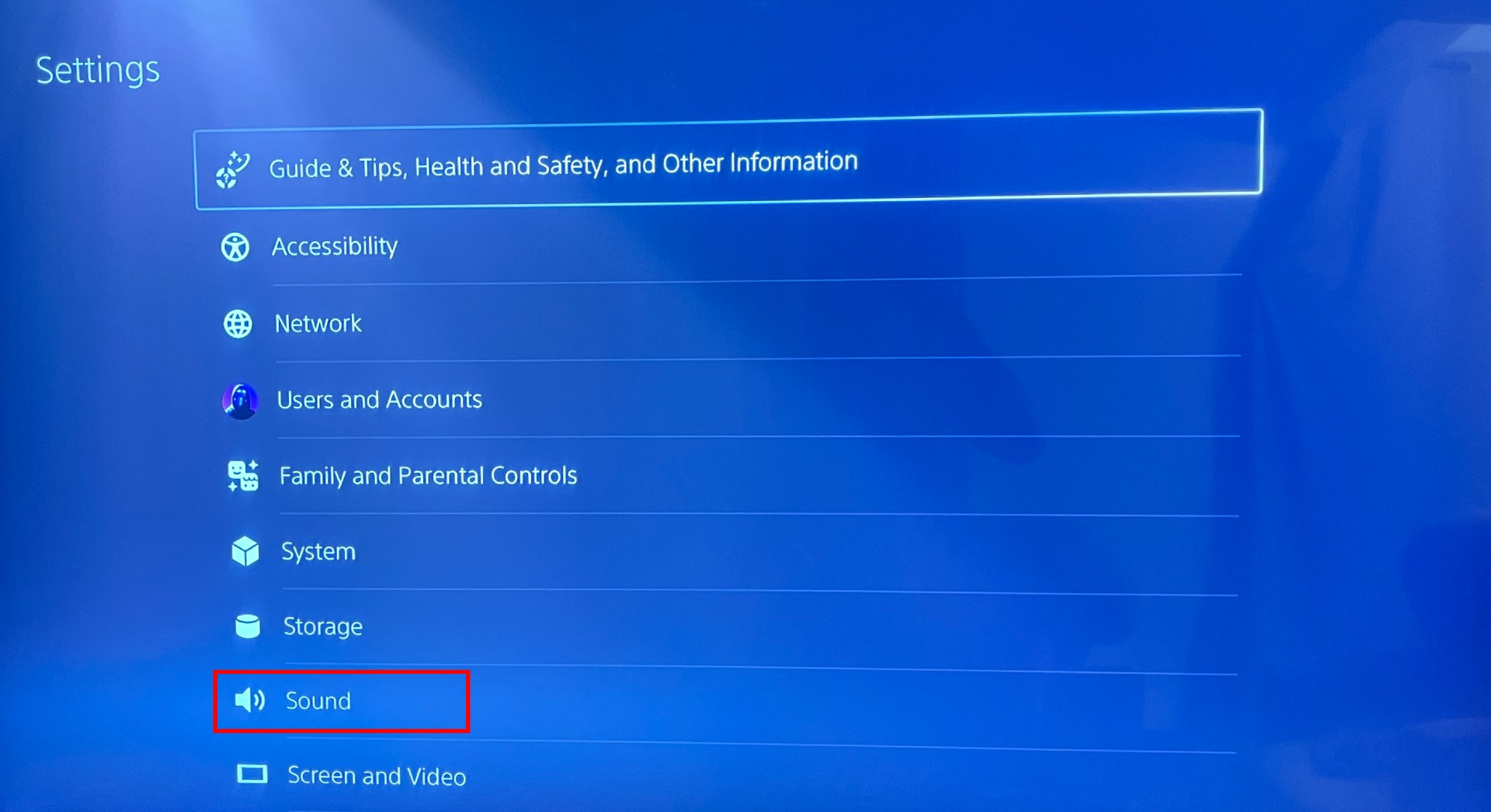 PS5 Settings page