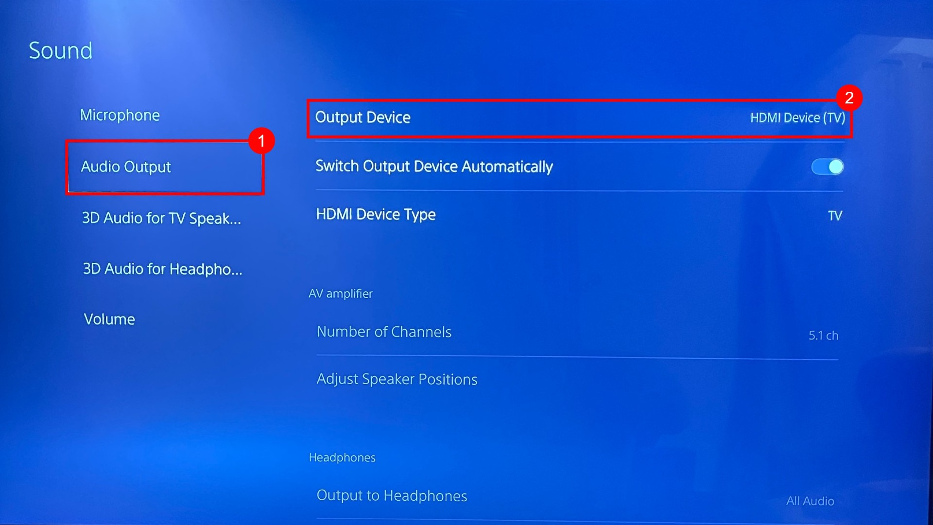 PS5 Sound settings page