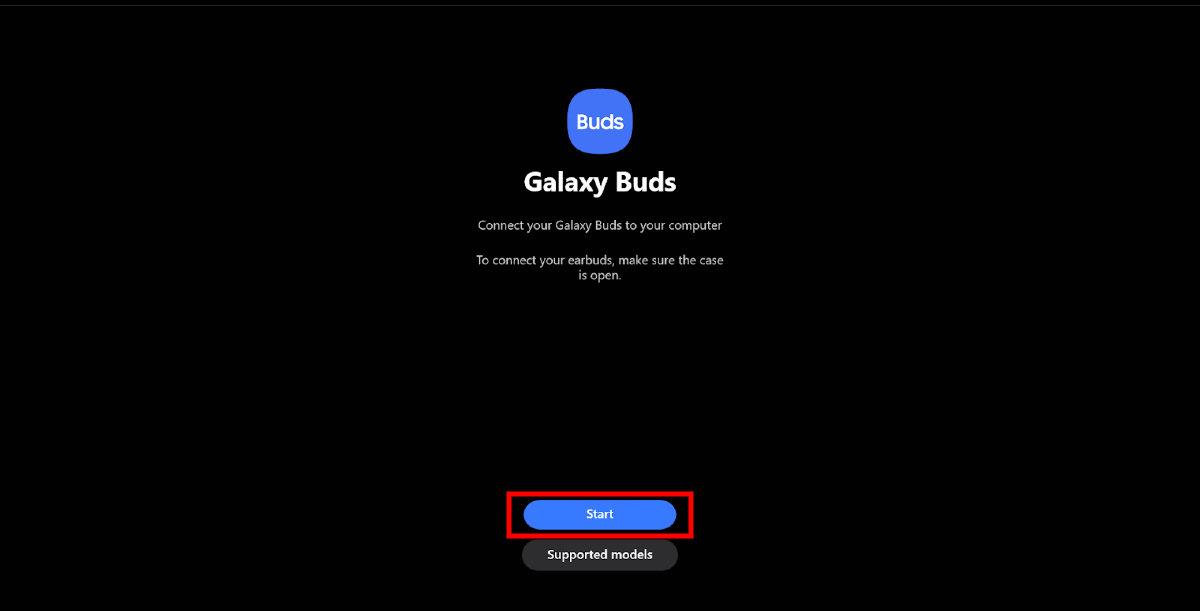Homepage of the Galaxy Buds app for Windows