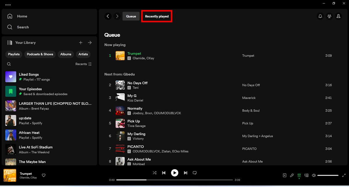 Spotify queue page on desktop