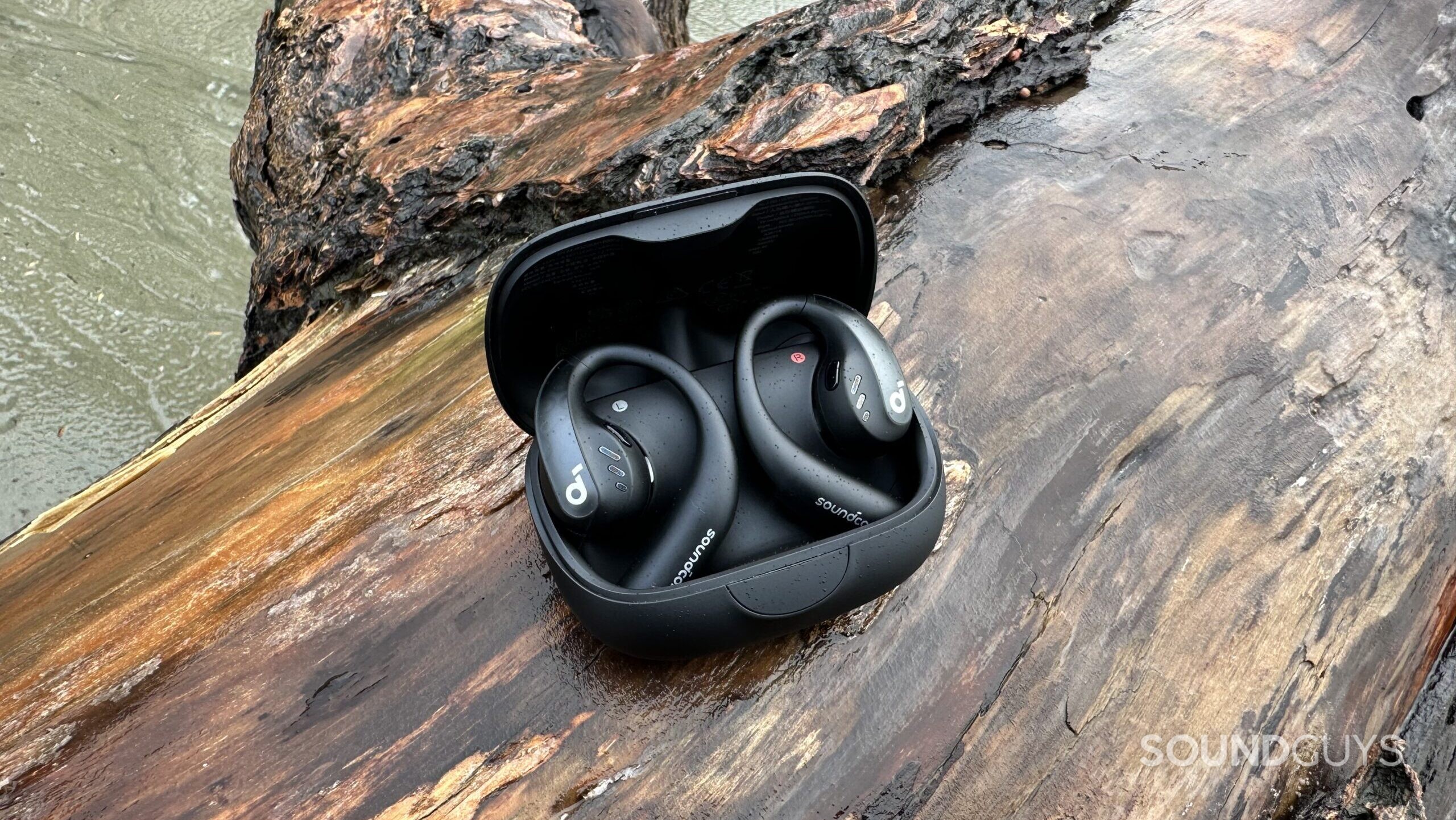 The AeroFit Pro earbuds inside their charging case.