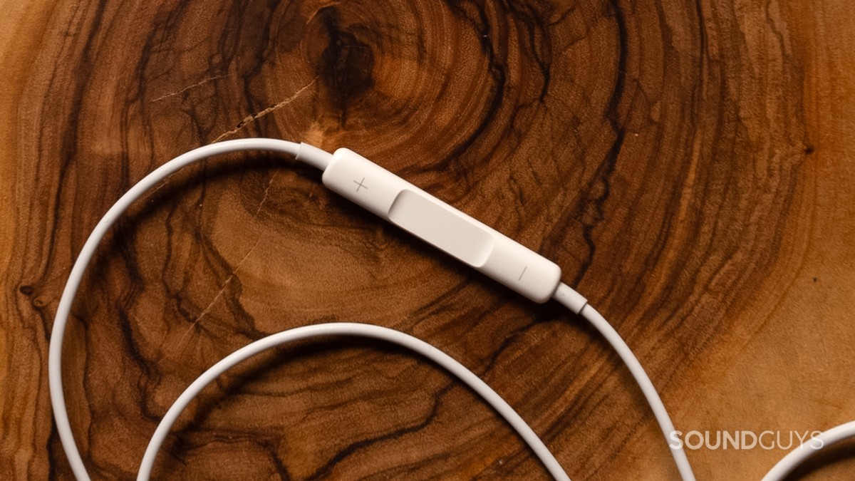 Apple EarPods (USB-C) sit atop dark wood, with a focus on the controls.