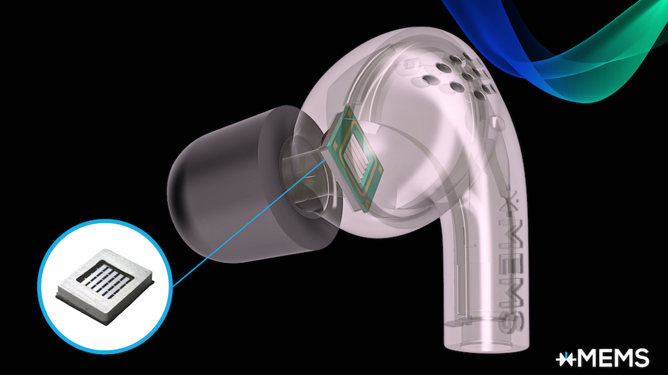 Illustration showing a tiny MEMS speaker inside an earbud.