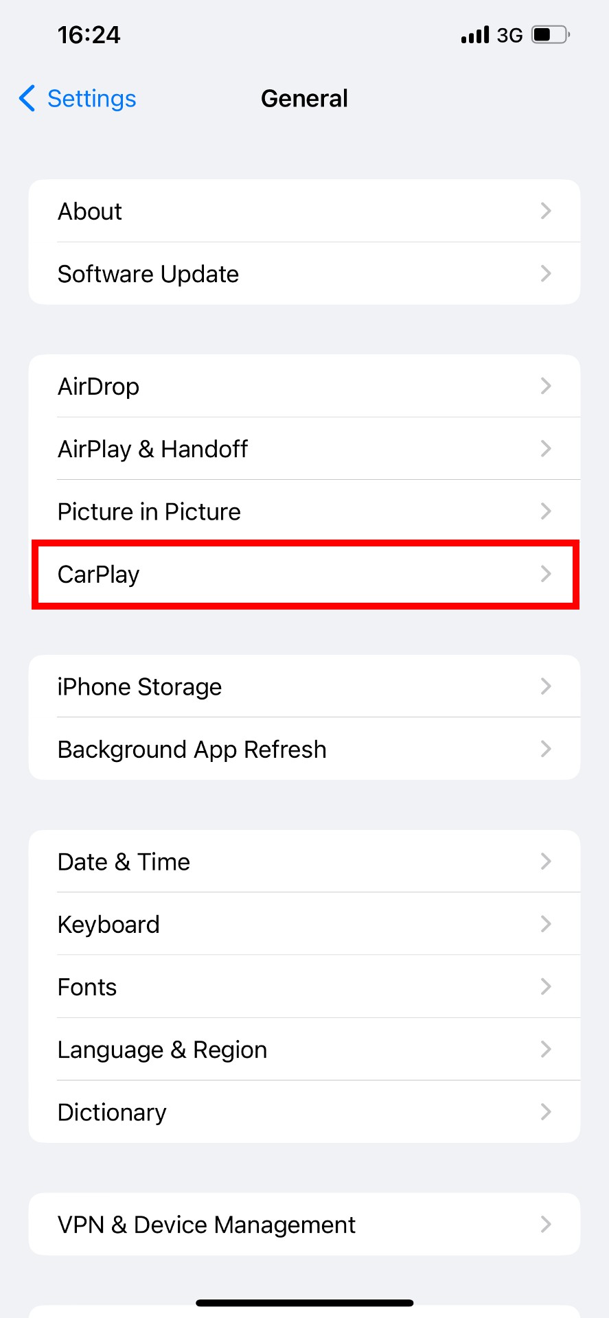 iOS general settings with "CarPlay" highlighted
