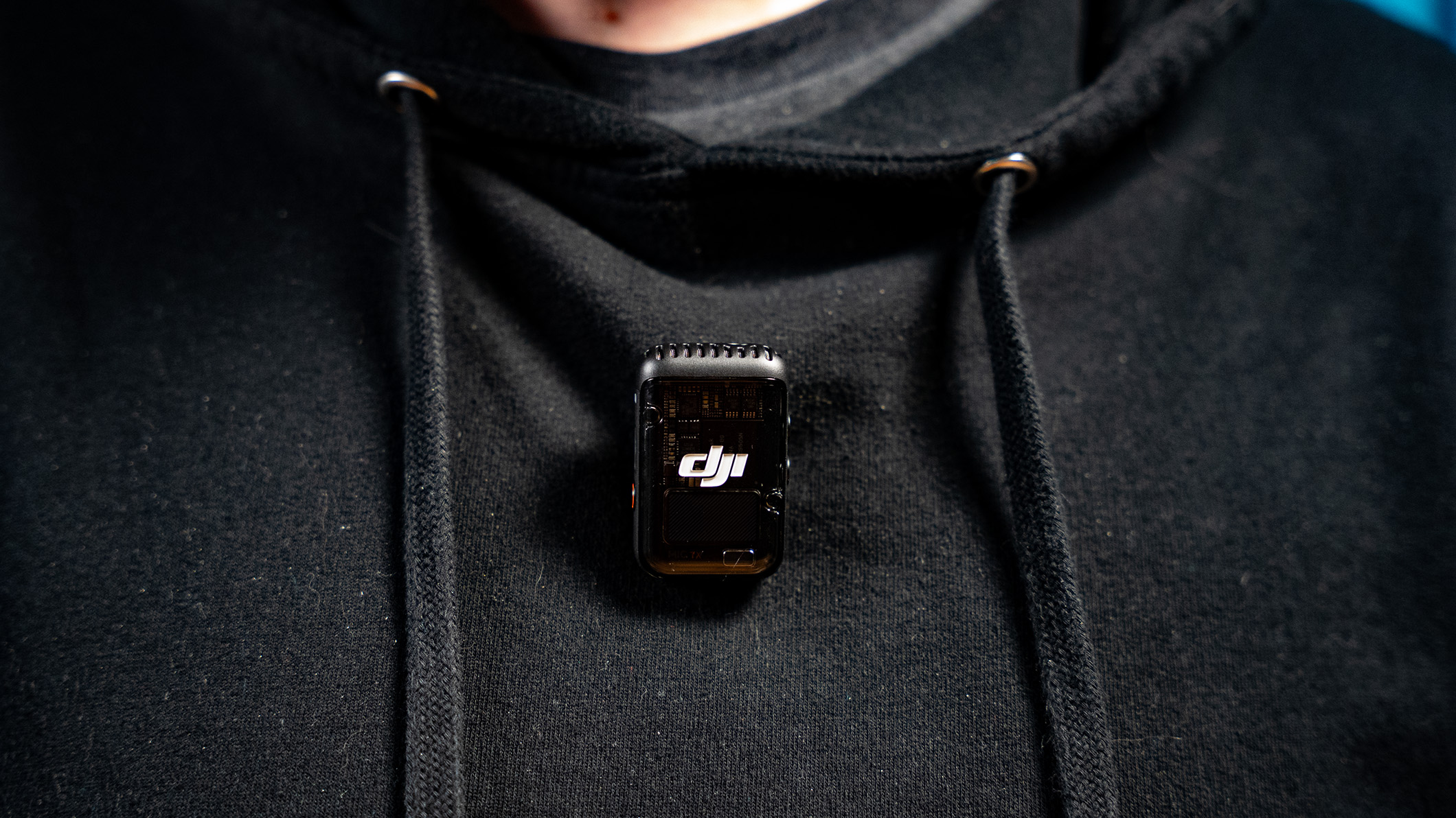 The DJI Mic 2 on a hoodie