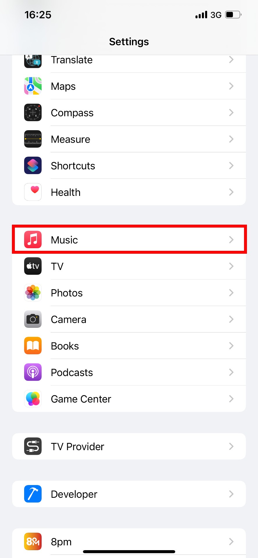 iOS settings with "Music" highlighted