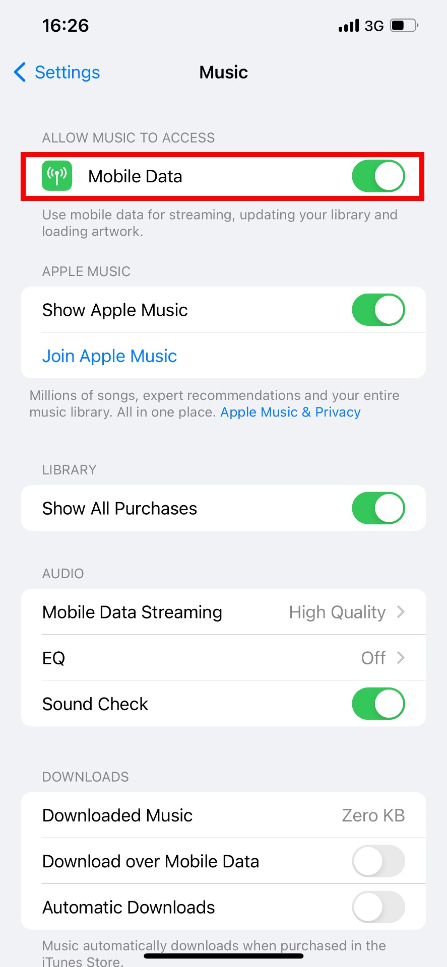 iOS Music settings with "Mobile Data" highlighted