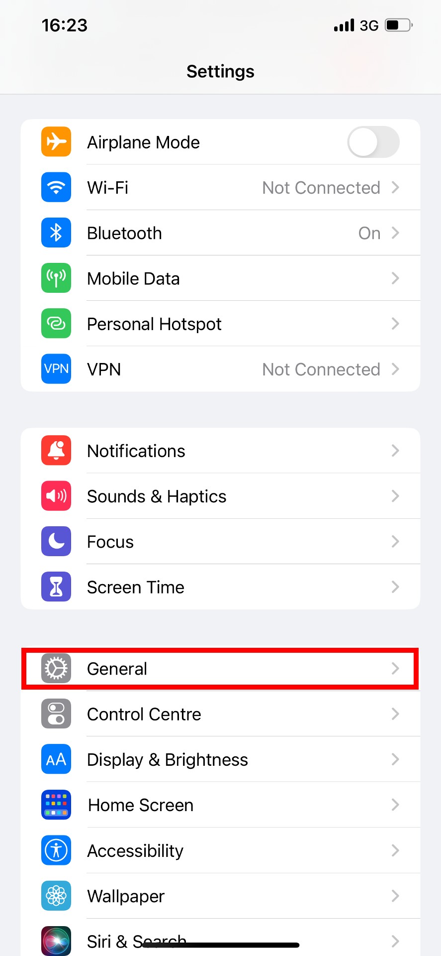 iOS settings with "General" highlighted
